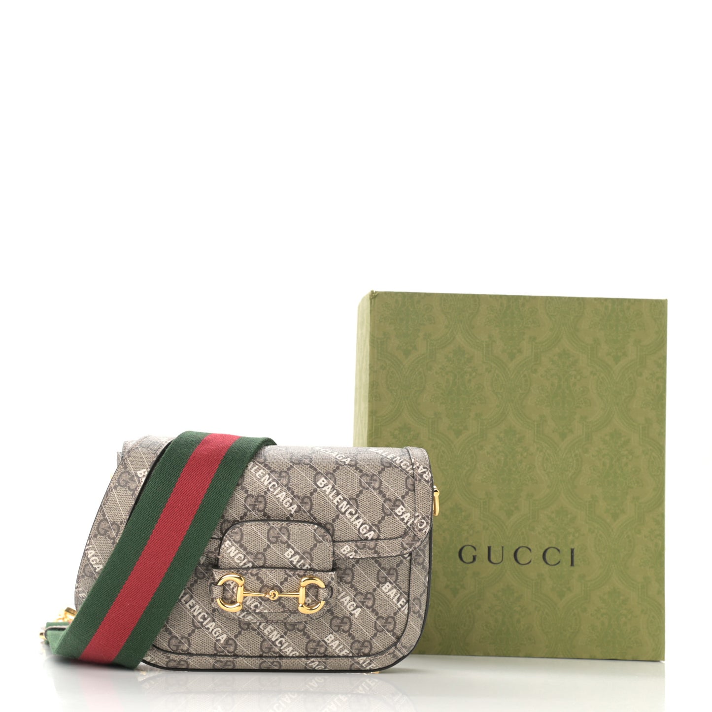 X BALENCIAGA GG Supreme Monogram Web Logo Print Mini Horsebit 1955 Shoulder Bag Beige Ebony