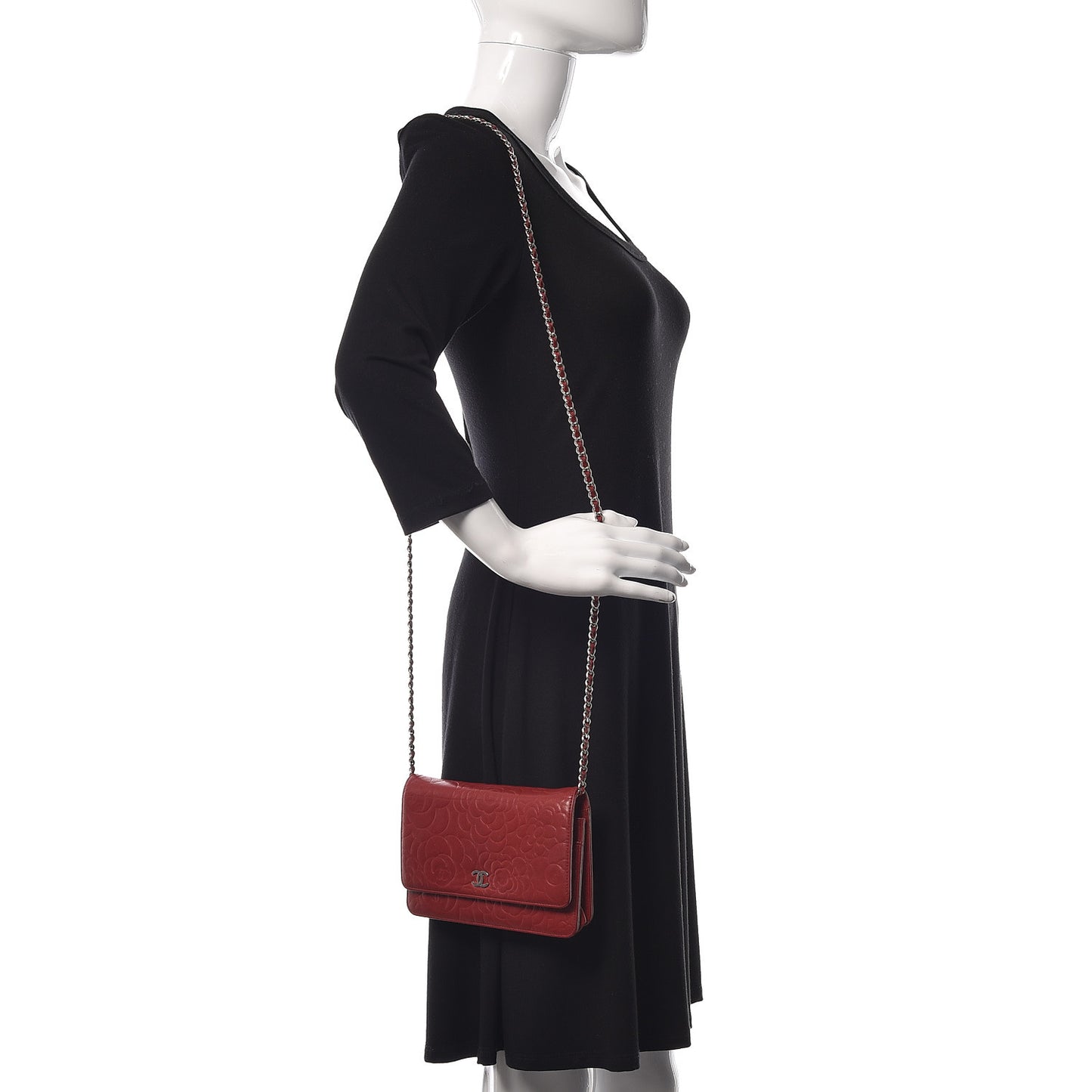 Lambskin Camellia Embossed Wallet On Chain WOC Dark Red