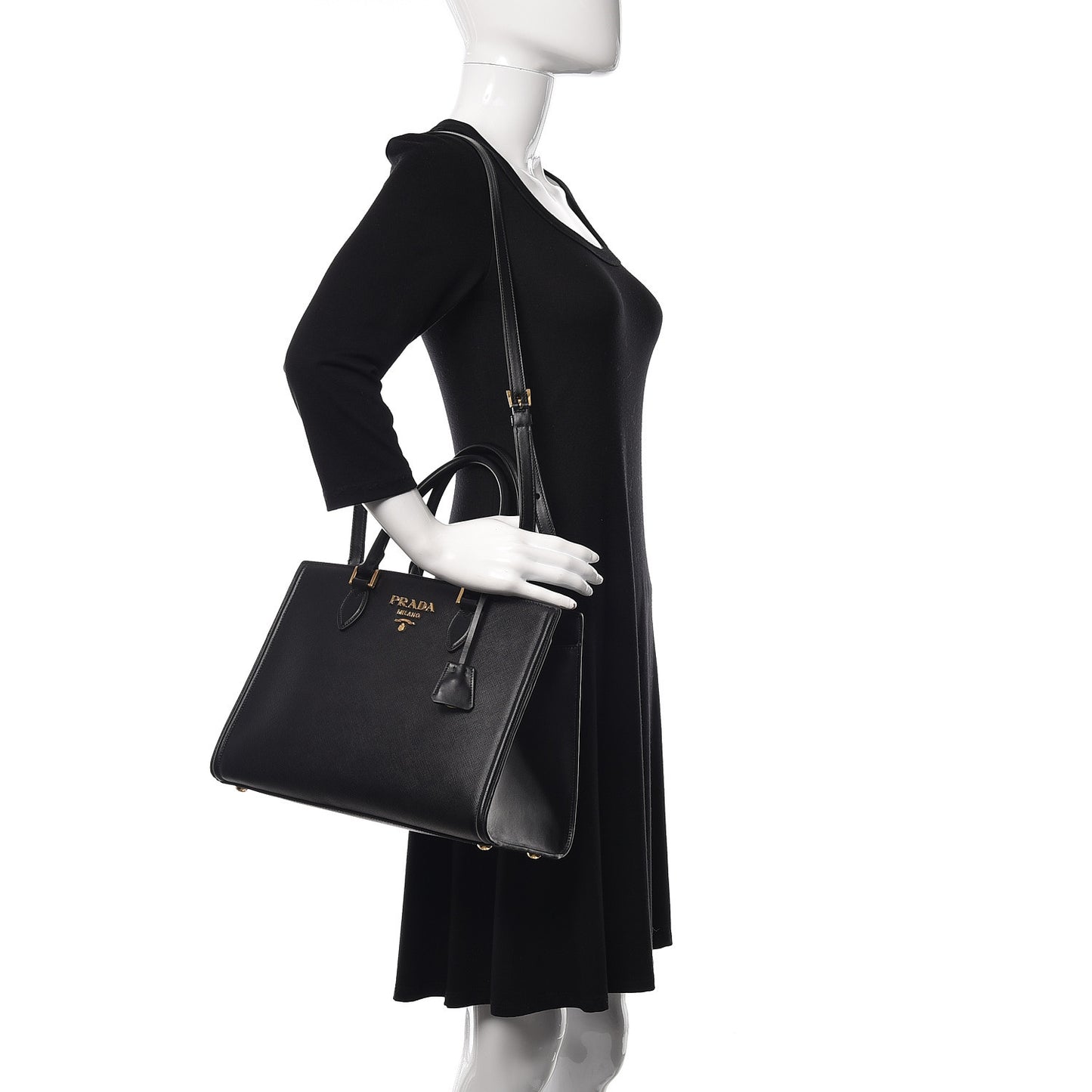 Saffiano Soft Calfskin Small Zippered Tote Black