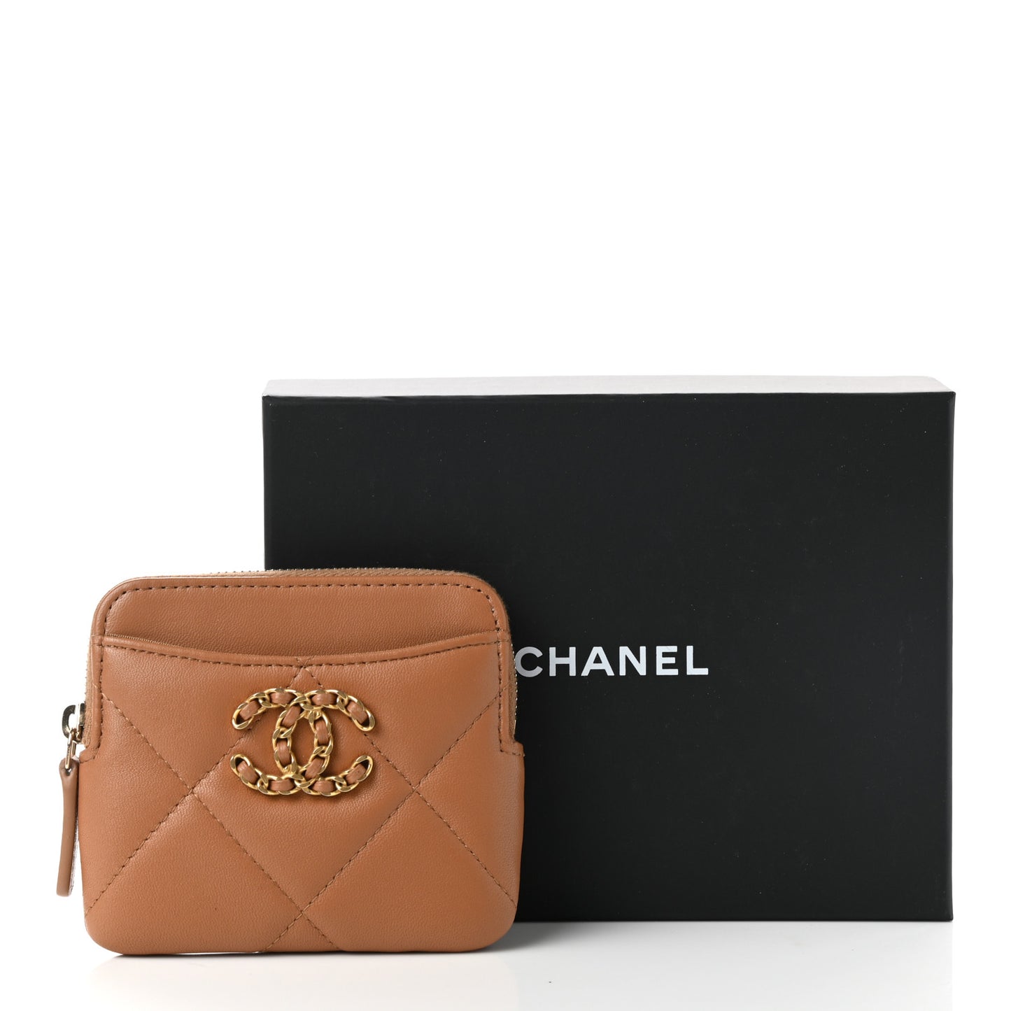 Lambskin Quilted Chanel 19 Zip Card Holder Wallet Brown