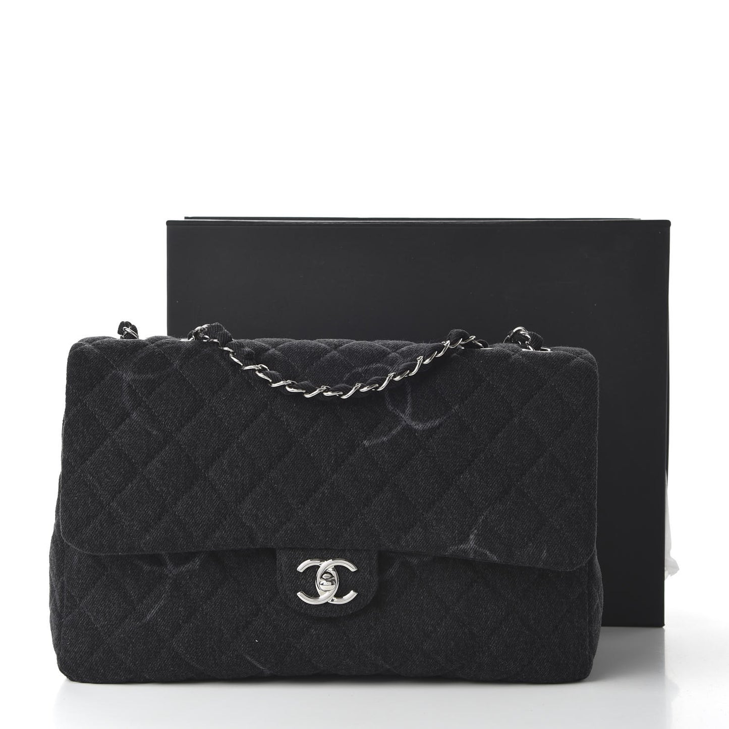 Denim Quilted CC Print Jumbo Single Flap Black