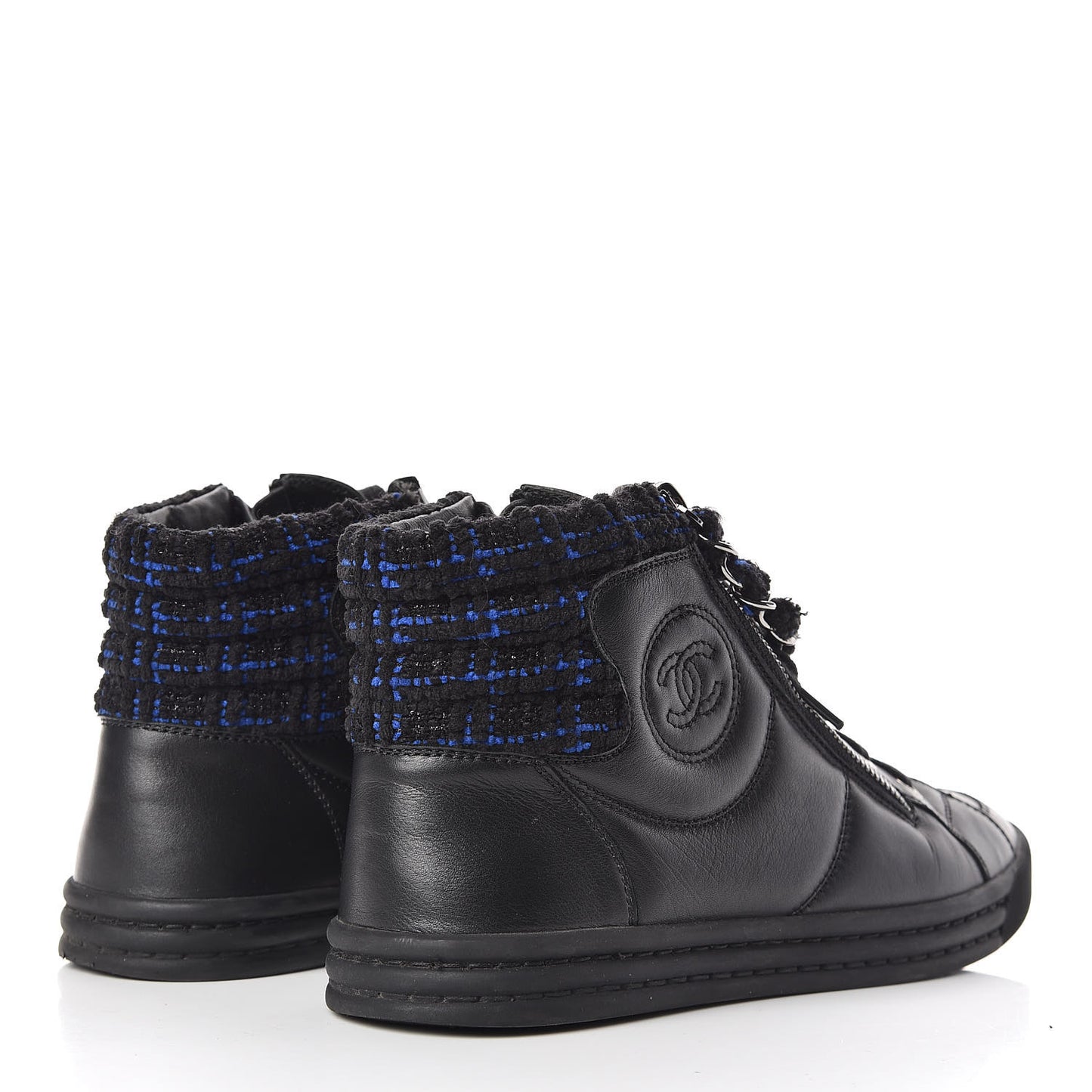 Lambskin Tweed Zipped Sneakers 38 Black Blue