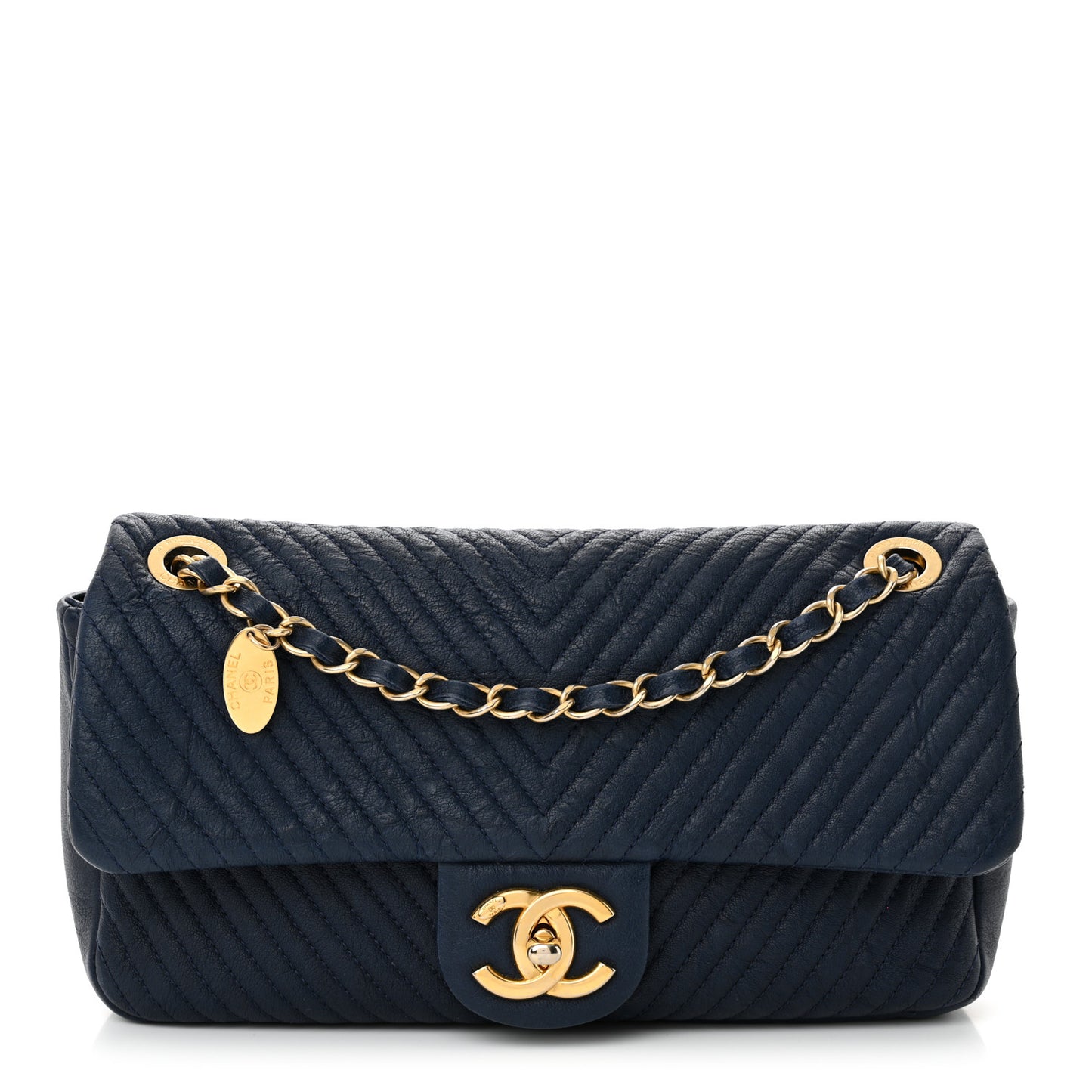Calfskin Surpique Chevron Medium Flap Navy
