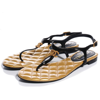 Chanel Leather Quilted CC Thong Sandals 37 Black Gold 3 of 7