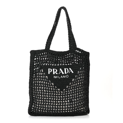 Prada Yarn Raffia Effect Crochet Logo Embroidered Tote Bag Black 1 of 9
