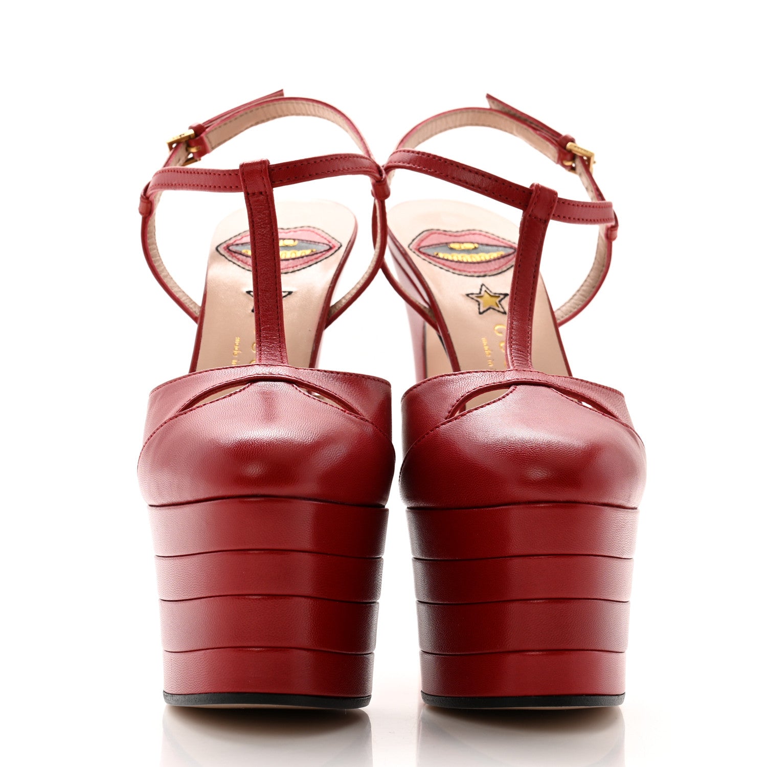 Gucci Malaga Kid Angel T-Strap Platform High Heel Pumps 34 Hibiscus Red 2 of 8