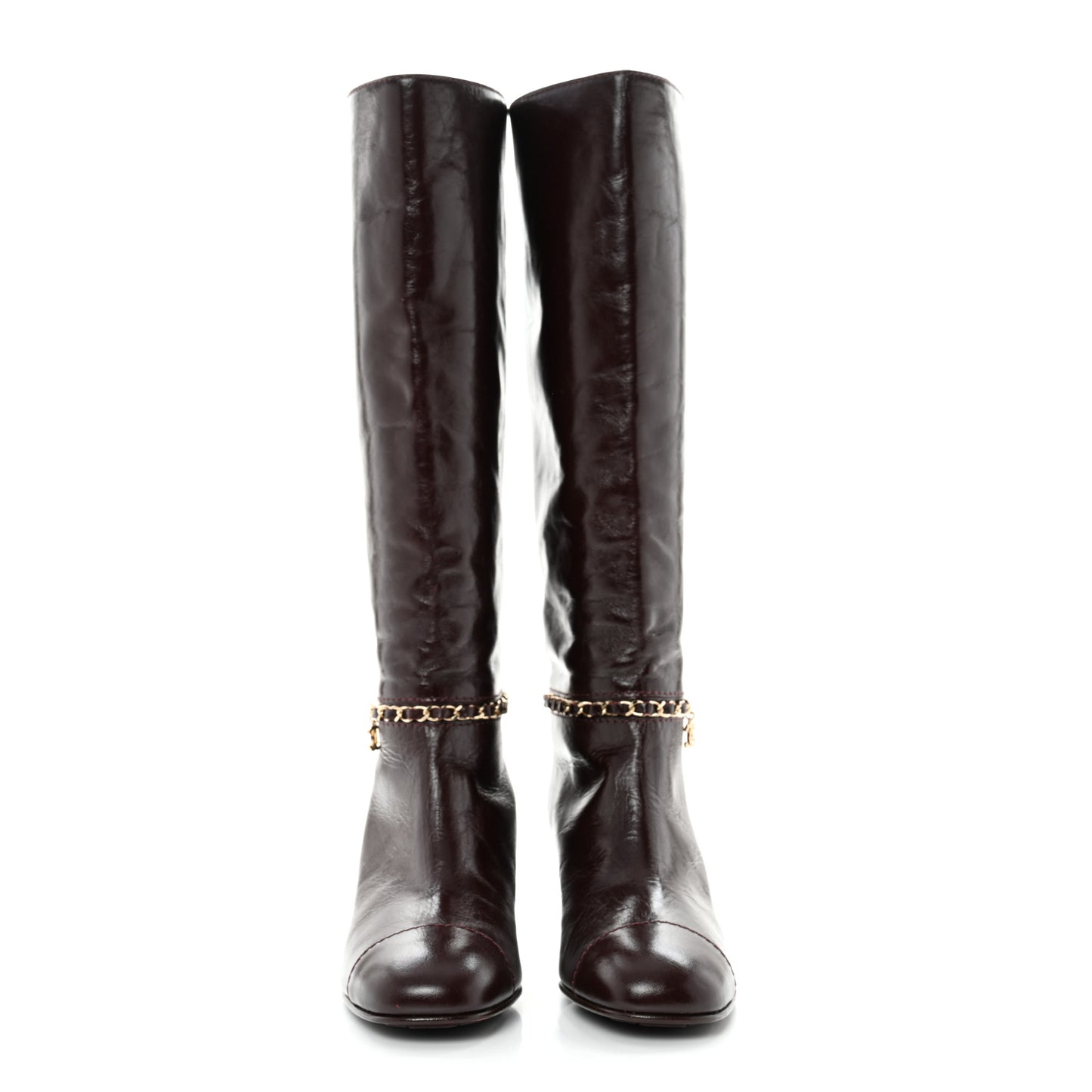 Crumpled Calfskin Cap Toe Chain Boots 37.5 Burgundy