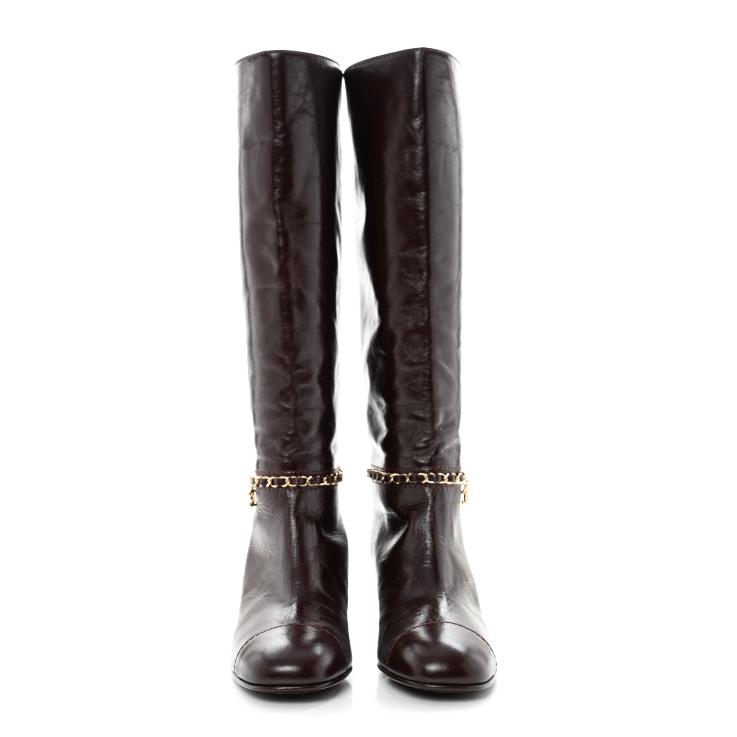 Chanel Crumpled Calfskin Cap Toe Chain Boots 37.5 Burgundy 2 of 7