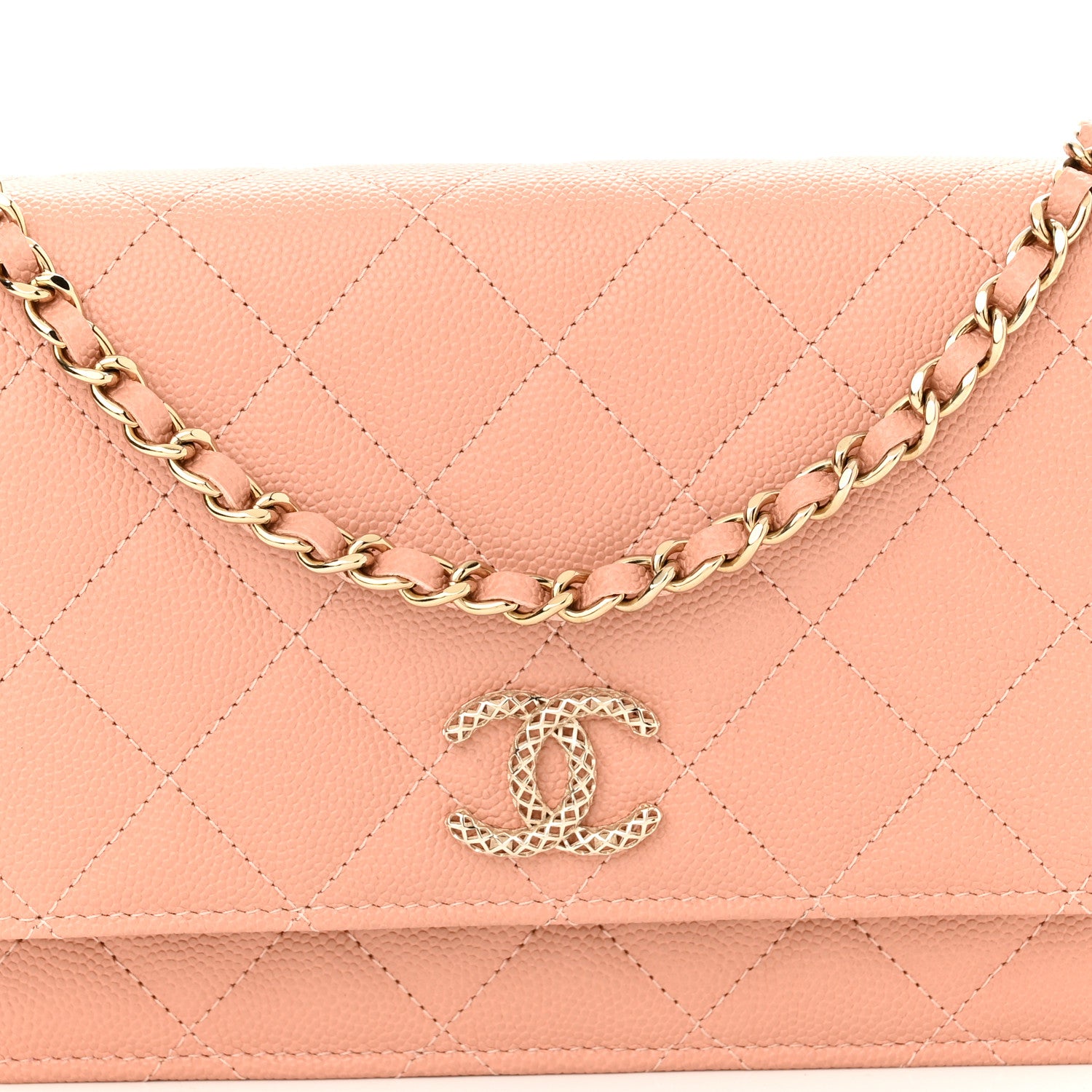 Chanel Caviar Quilted Perforated Metal CC Wallet On Chain WOC Beige 9 of 12