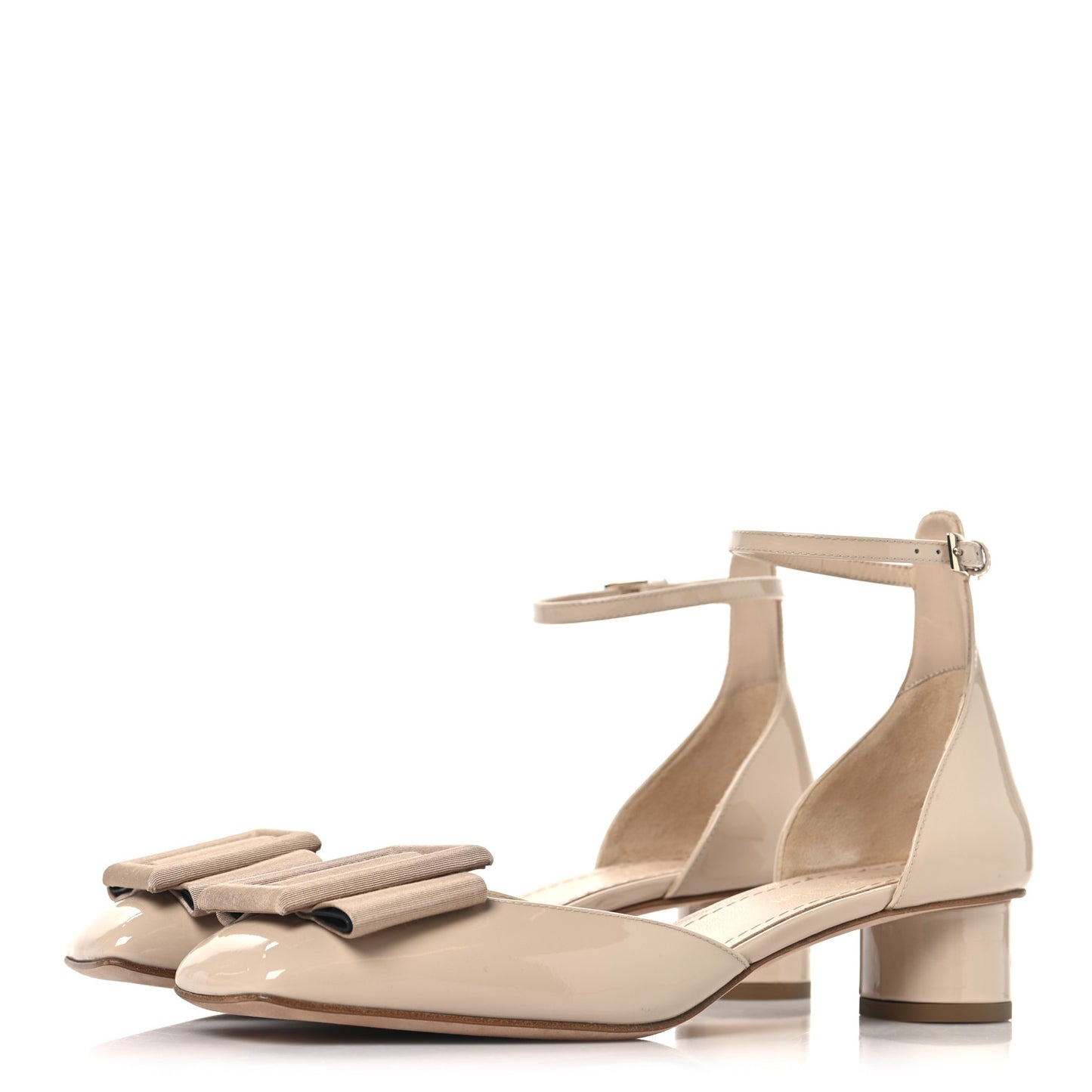 Patent Grosgrain Bow Idylle 35mm Ankle Strap Pumps 38.5 Nude