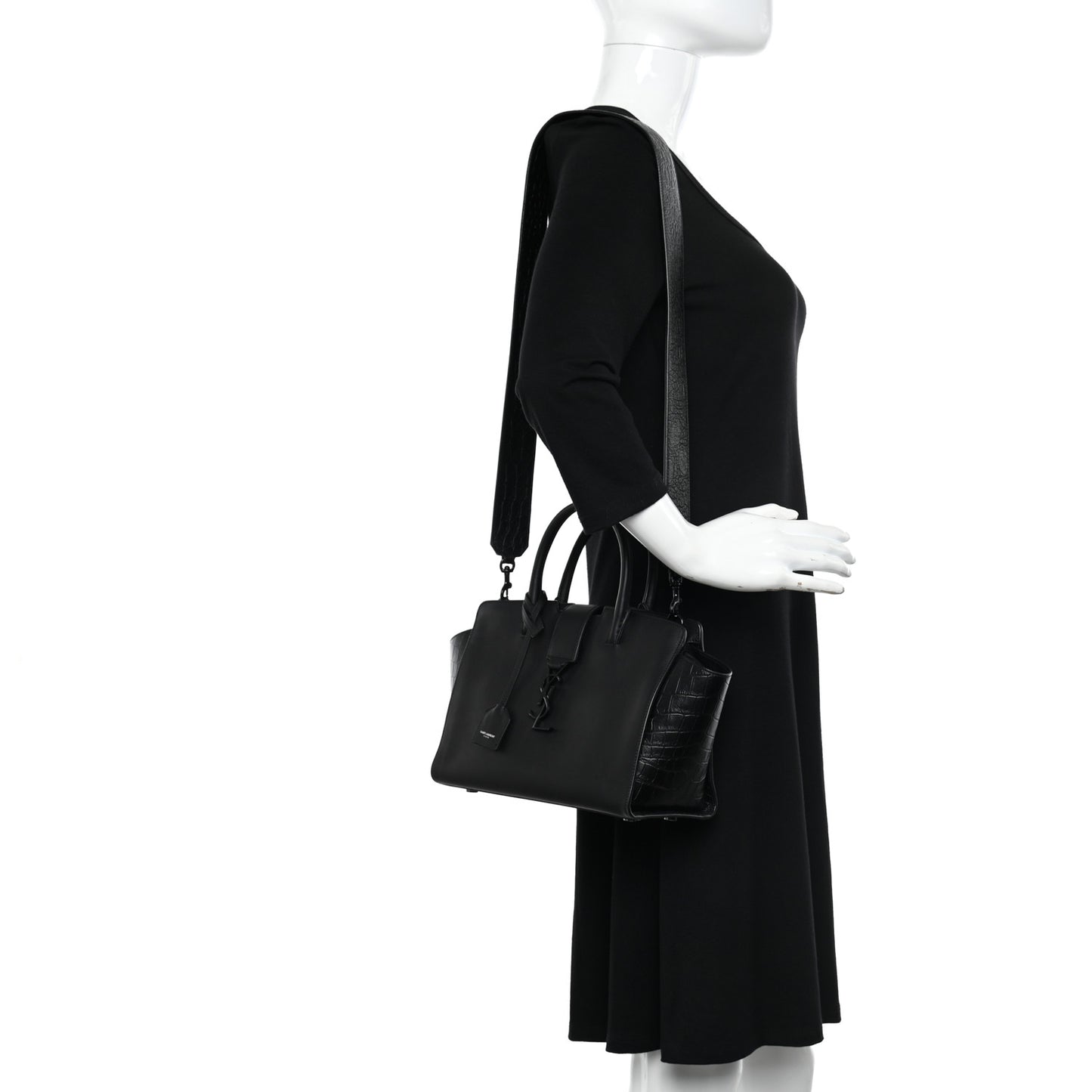 Smooth Calfskin Crocodile Embossed Baby Monogram Downtown Cabas Black