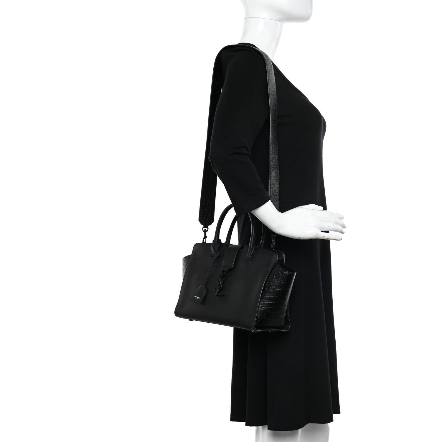Saint Laurent Smooth Calfskin Crocodile Embossed Baby Monogram Downtown Cabas Black 2 of 12