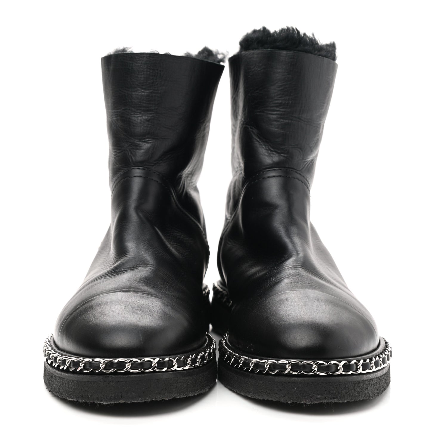 Calfskin Shearling Womens Cap Toe Chain Short Boots 39.5 Black