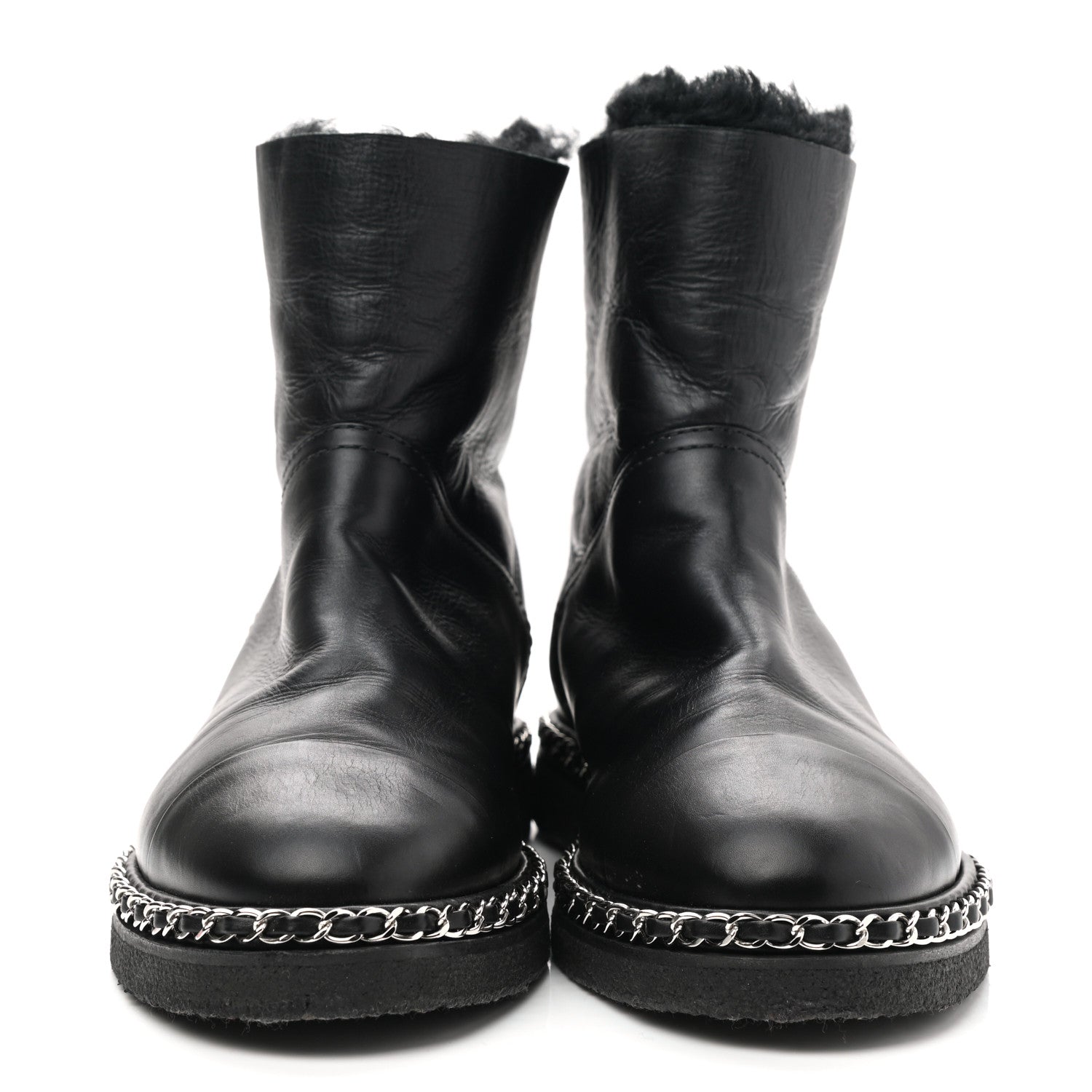 Chanel Calfskin Shearling Womens Cap Toe Chain Short Boots 39.5 Black 2 of 6