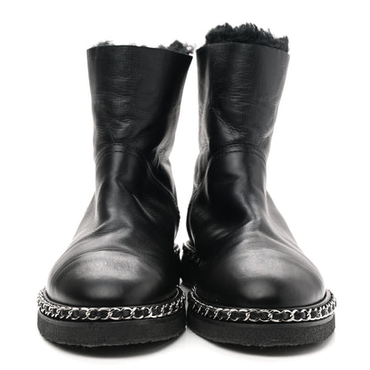 Chanel Calfskin Shearling Womens Cap Toe Chain Short Boots 39.5 Black 2 of 6