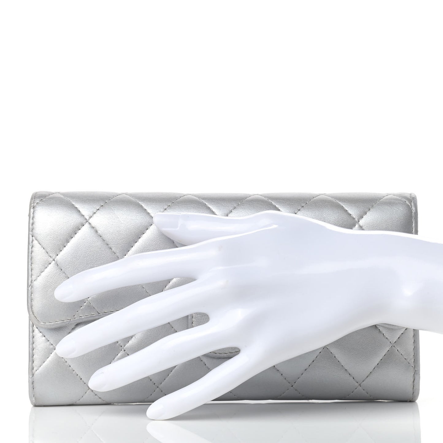 Metallic Lambskin Quilted Long Flap Wallet Silver