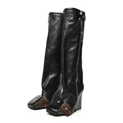 Louis Vuitton Calfskin Monogram Patti Wedge Tall Boots 36 Black 3 of 7