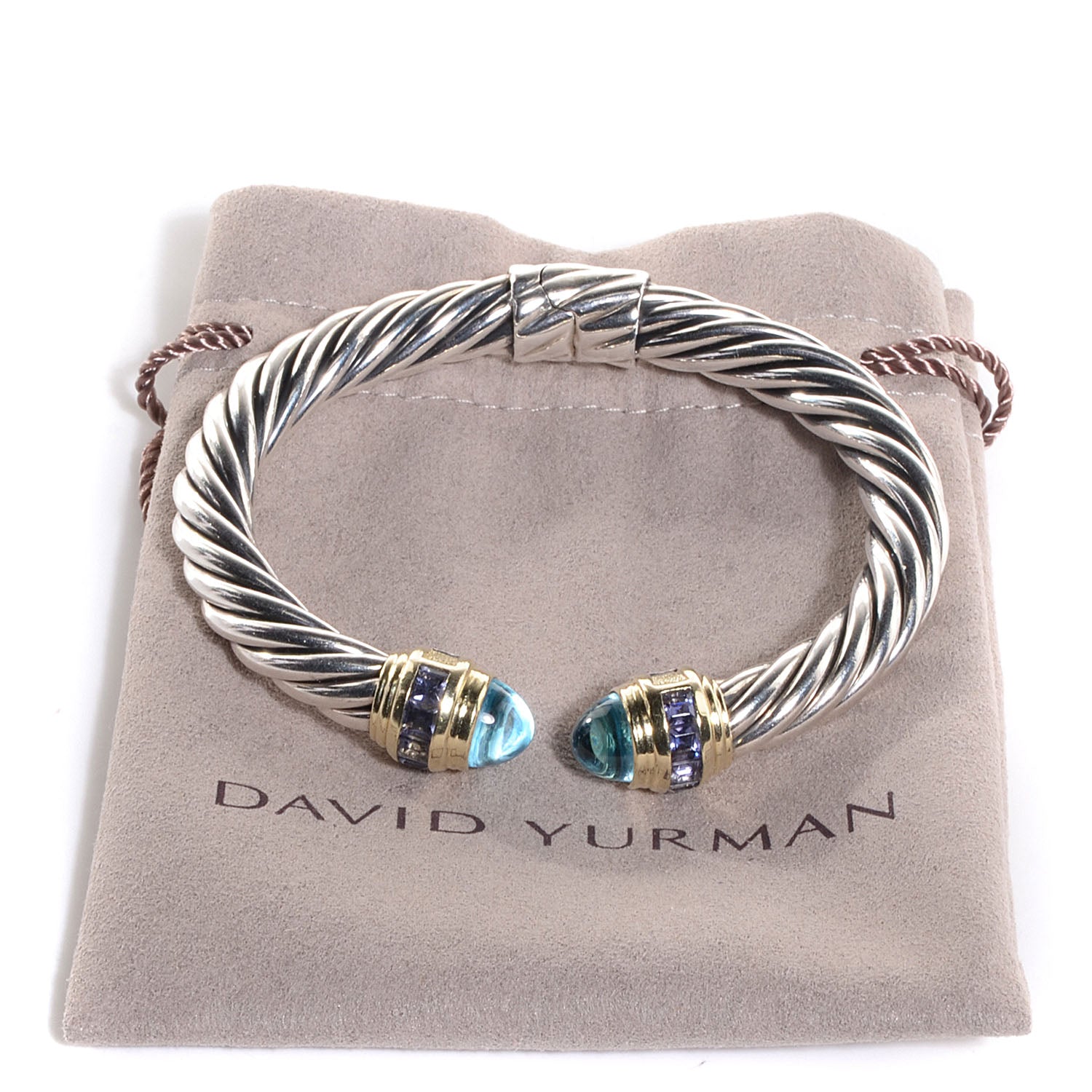 David Yurman Sterling Silver 14k Gold Blue Topaz Iolite 8.5mm Classic Cable Bracelet 4 of 4