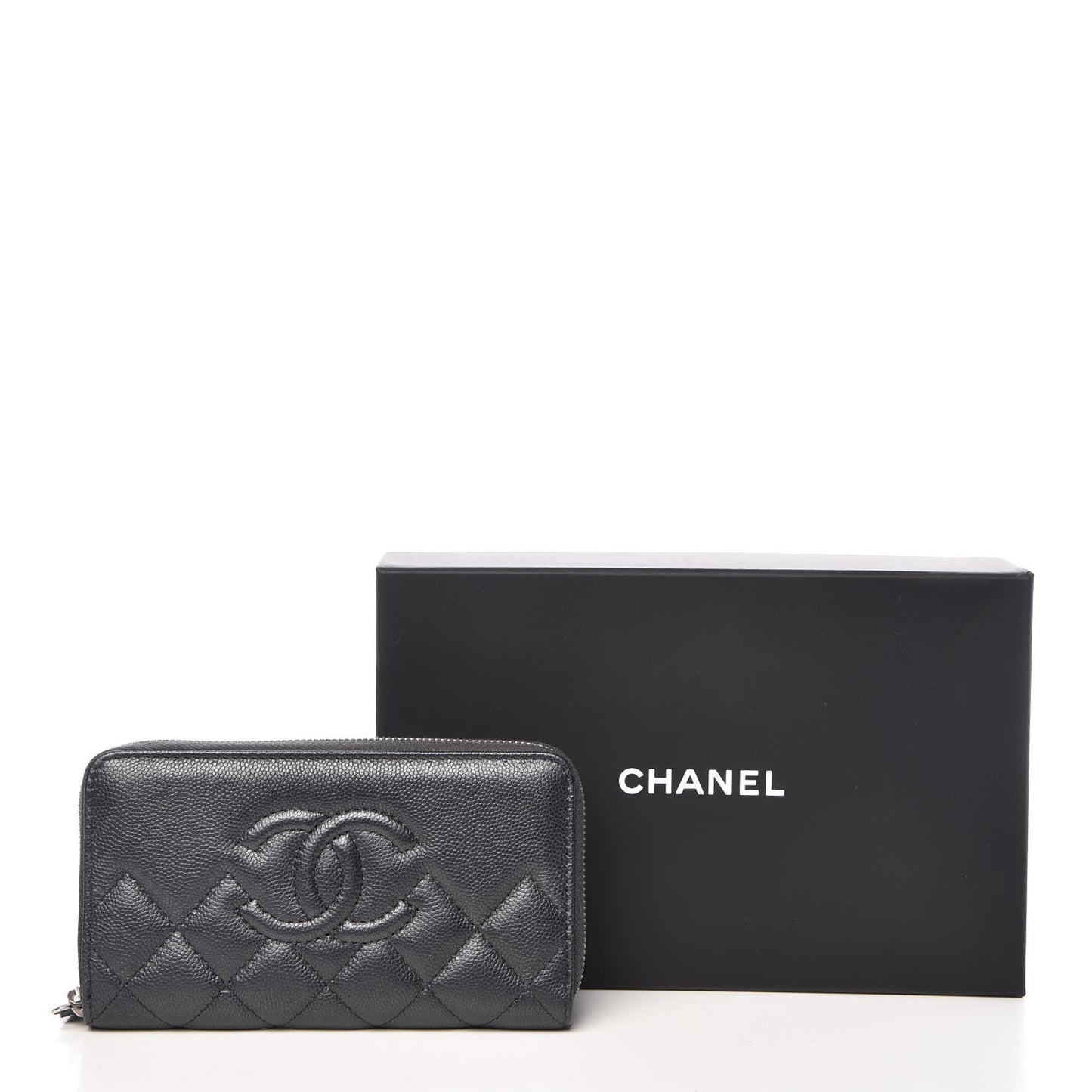 Metallic Caviar Quilted Medium Zip Around Wallet Dark Grey