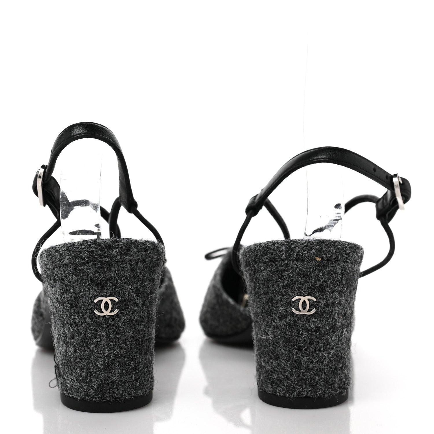 Chanel Tweed Satin Slingback Cap Toe Bow Pumps 39 Grey Black 5 of 9