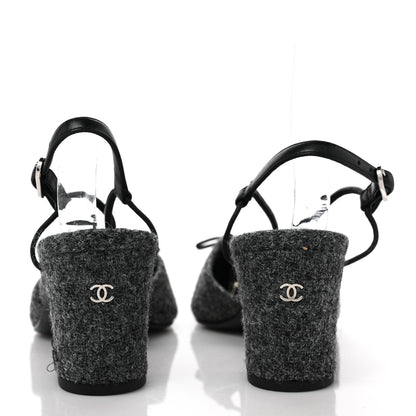 Chanel Tweed Satin Slingback Cap Toe Bow Pumps 39 Grey Black 5 of 9