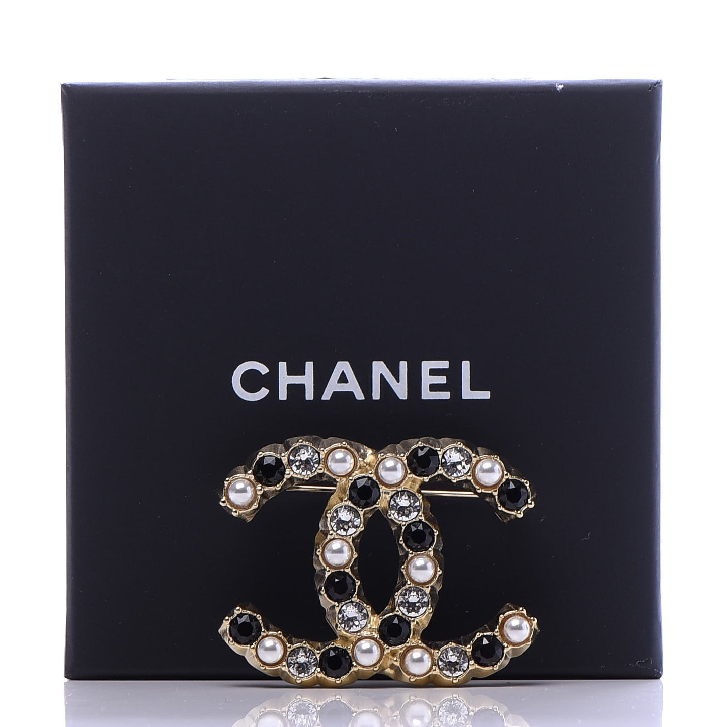 Pearl Crystal CC Brooch Black Gold