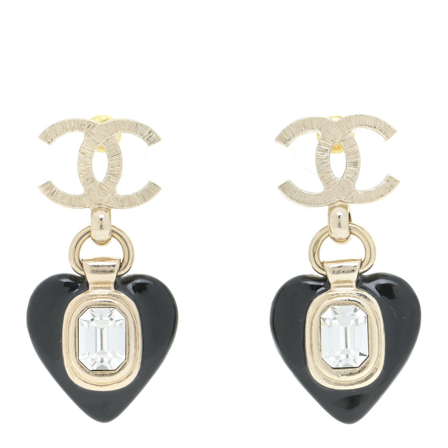Resin Crystal CC Heart Drop Earrings Black Gold