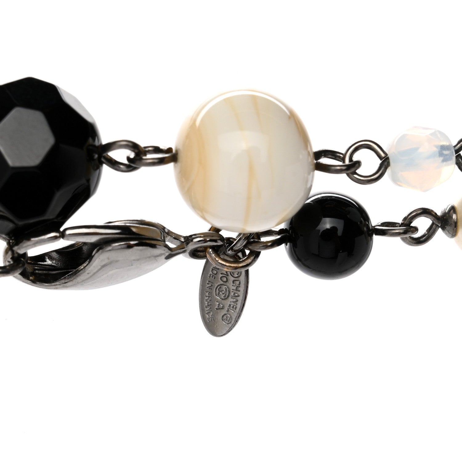 Chanel Pearl Crystal Bead CC Long Necklace Black Silver 4 of 5