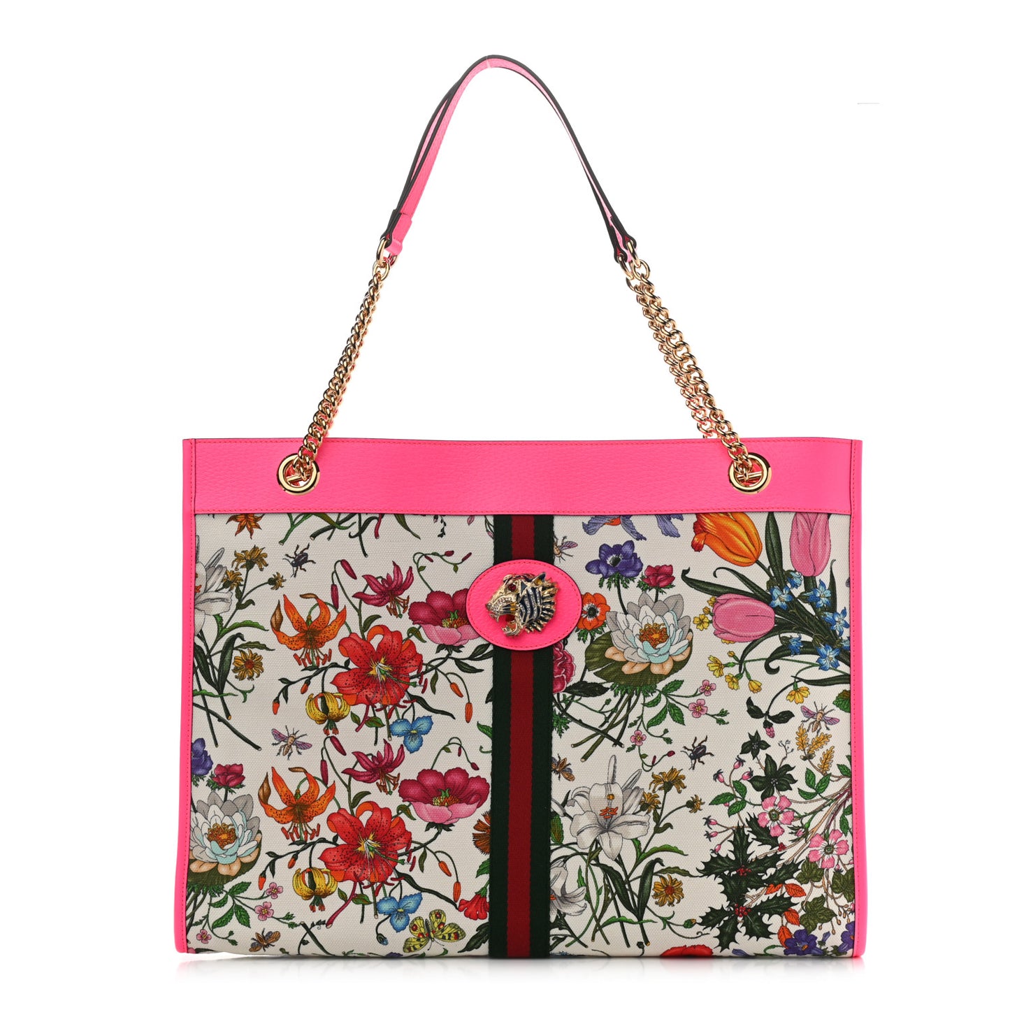 Canvas Flora Large Rajah Chain Tote White Multicolor Fuxia Fluo
