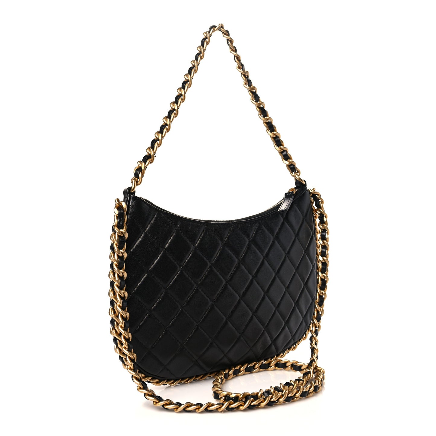 Shiny Crumpled Lambskin Quilted Large Trendy Chain Around Hobo Black