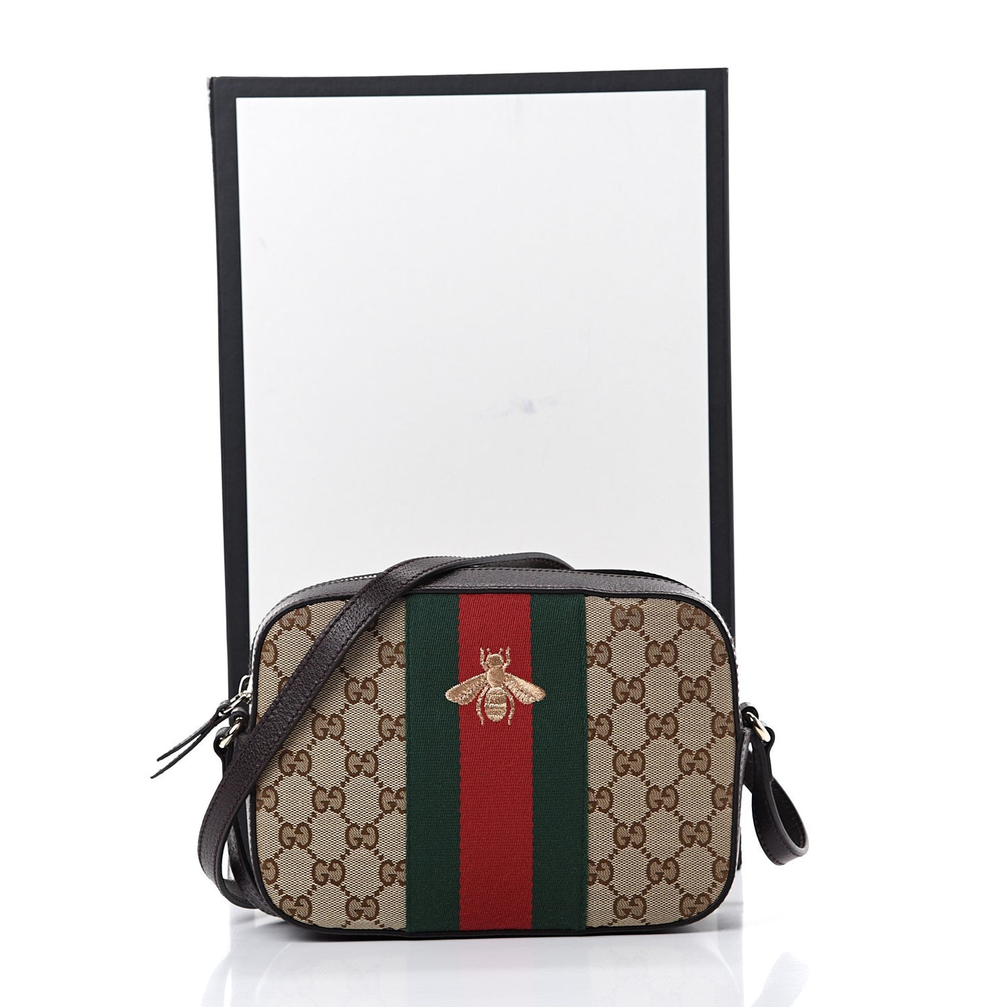 GG Supreme Monogram Web Small Webby Bee Shoulder Bag Dark Brown