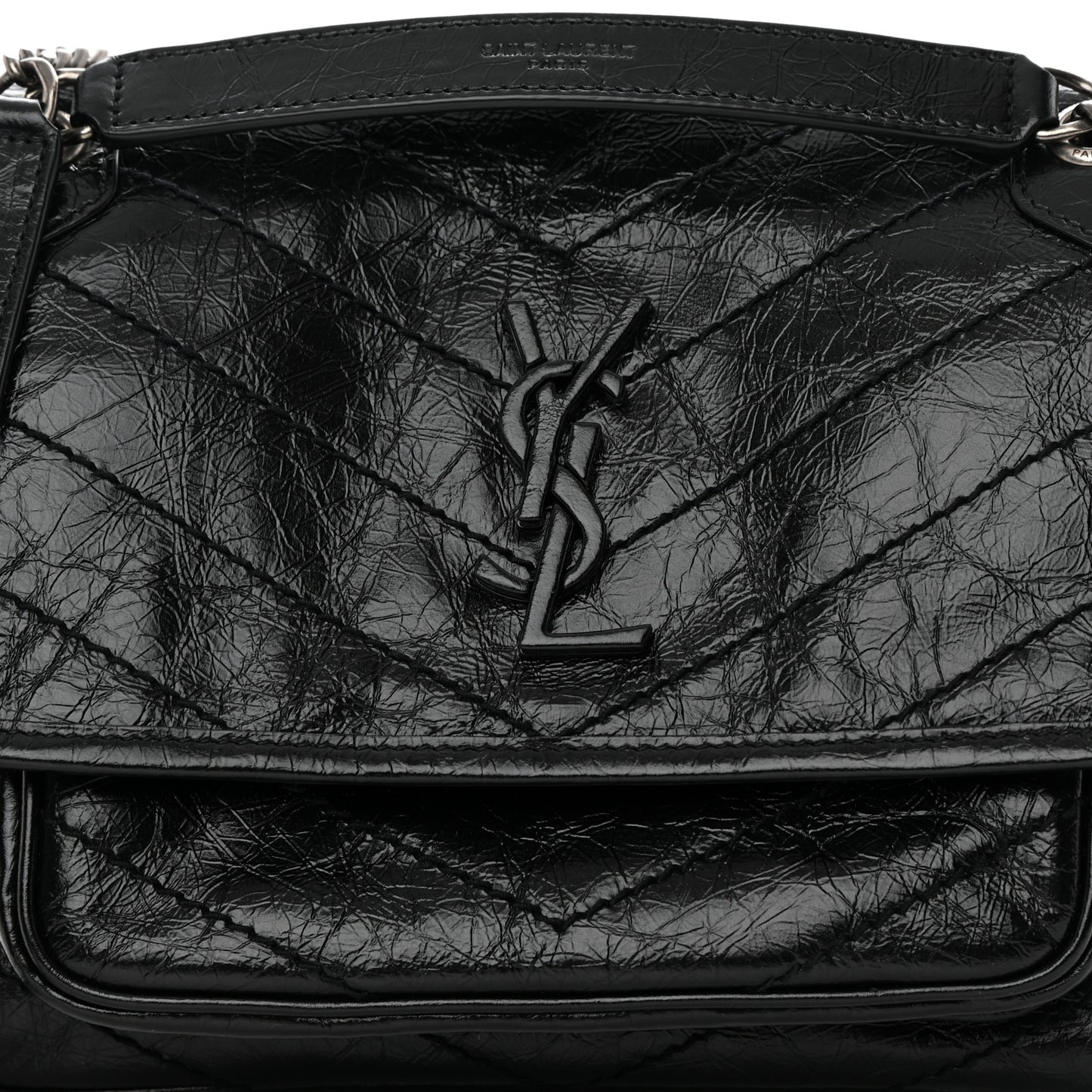 Crinkled Lambskin Matelasse Monogram Baby Niki Chain Satchel Black