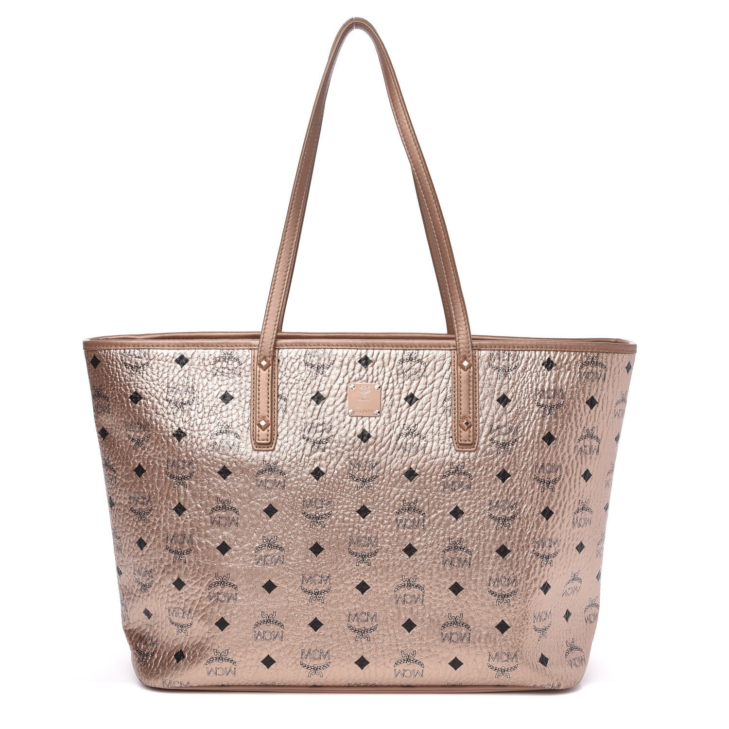 MCM Metallic Visetos Medium Anya Top Zip Shopper Tote Champagne Gold 1 of 14