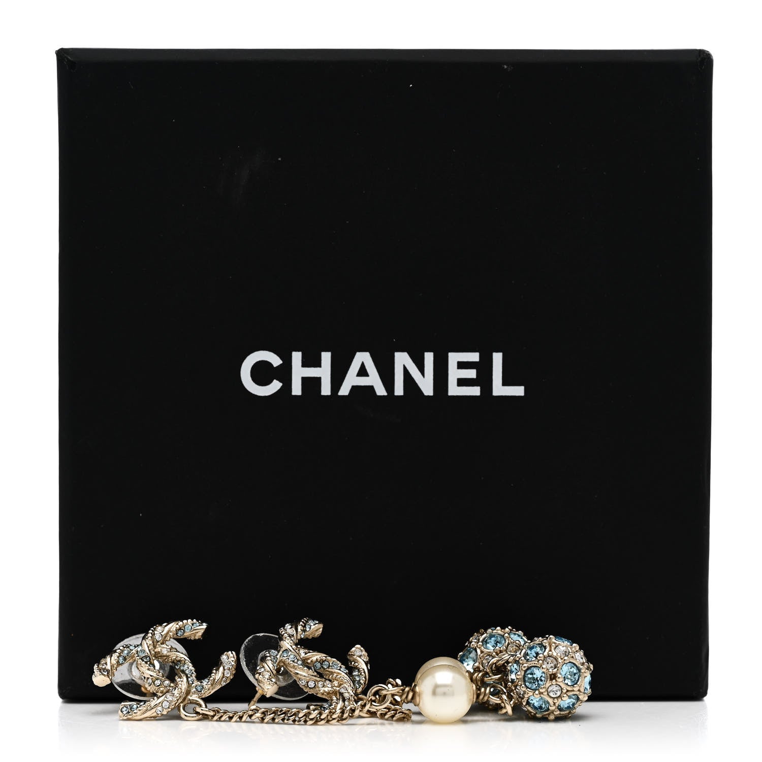 Chanel Crystal Pearl CC Ball Chain Drop Earrings Gold Blue 5 of 5