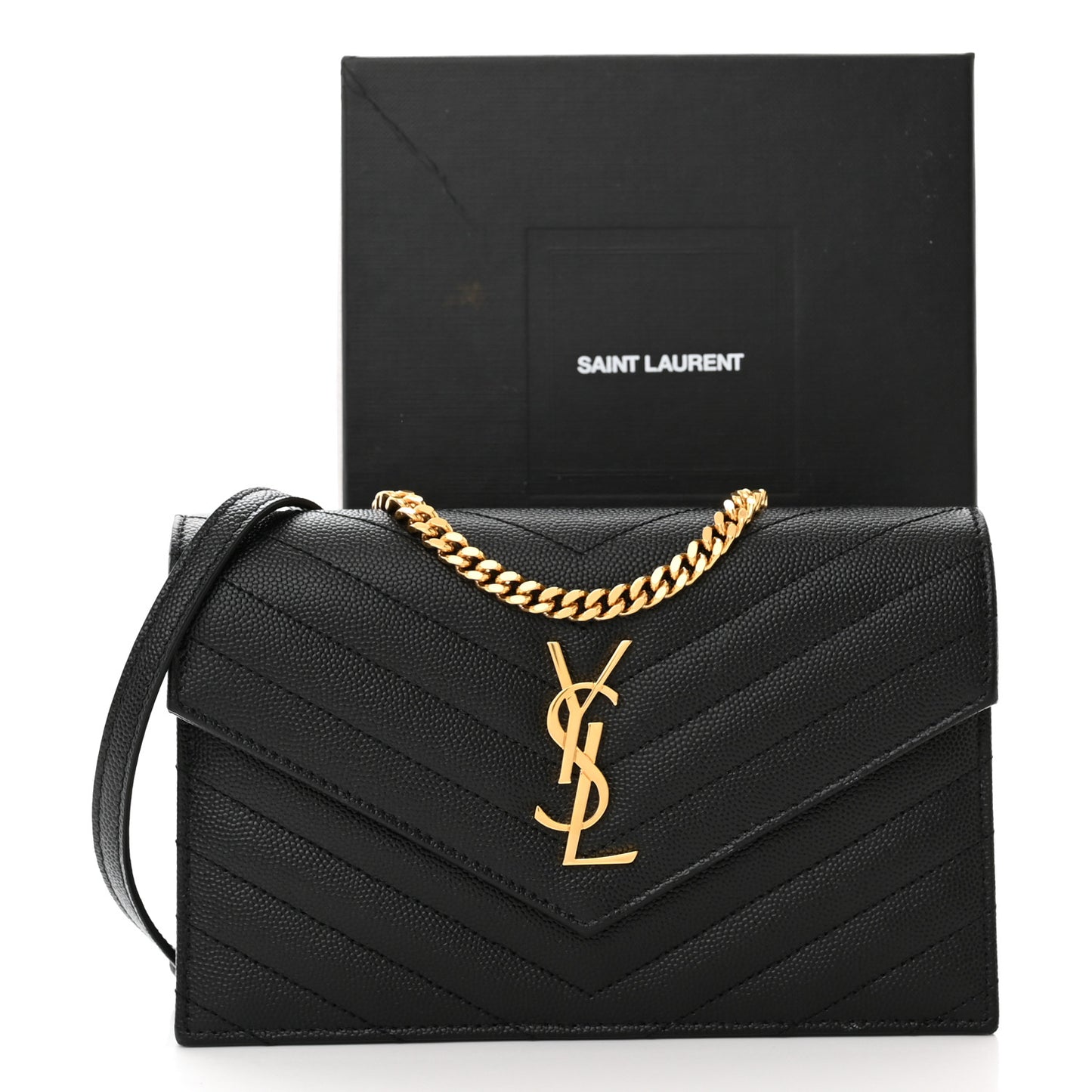 Grain De Poudre Matelasse Chevron Monogram Envelope Chain Wallet Black