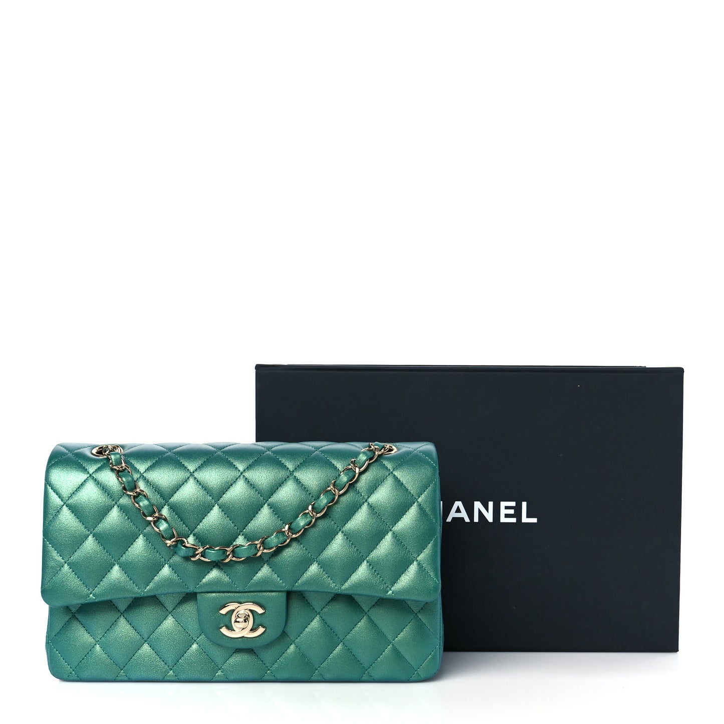 Iridescent Caviar Quilted Medium Double Flap Green