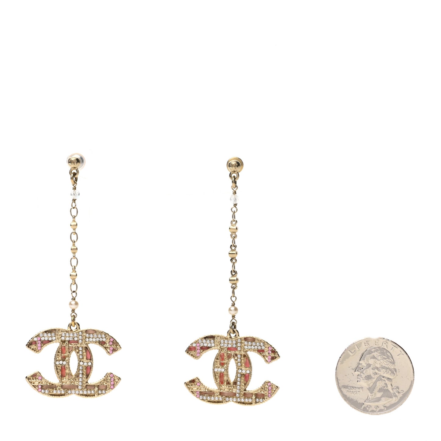 Pearl Crystal CC Tweed Drop Earrings Gold Pink Pearly White