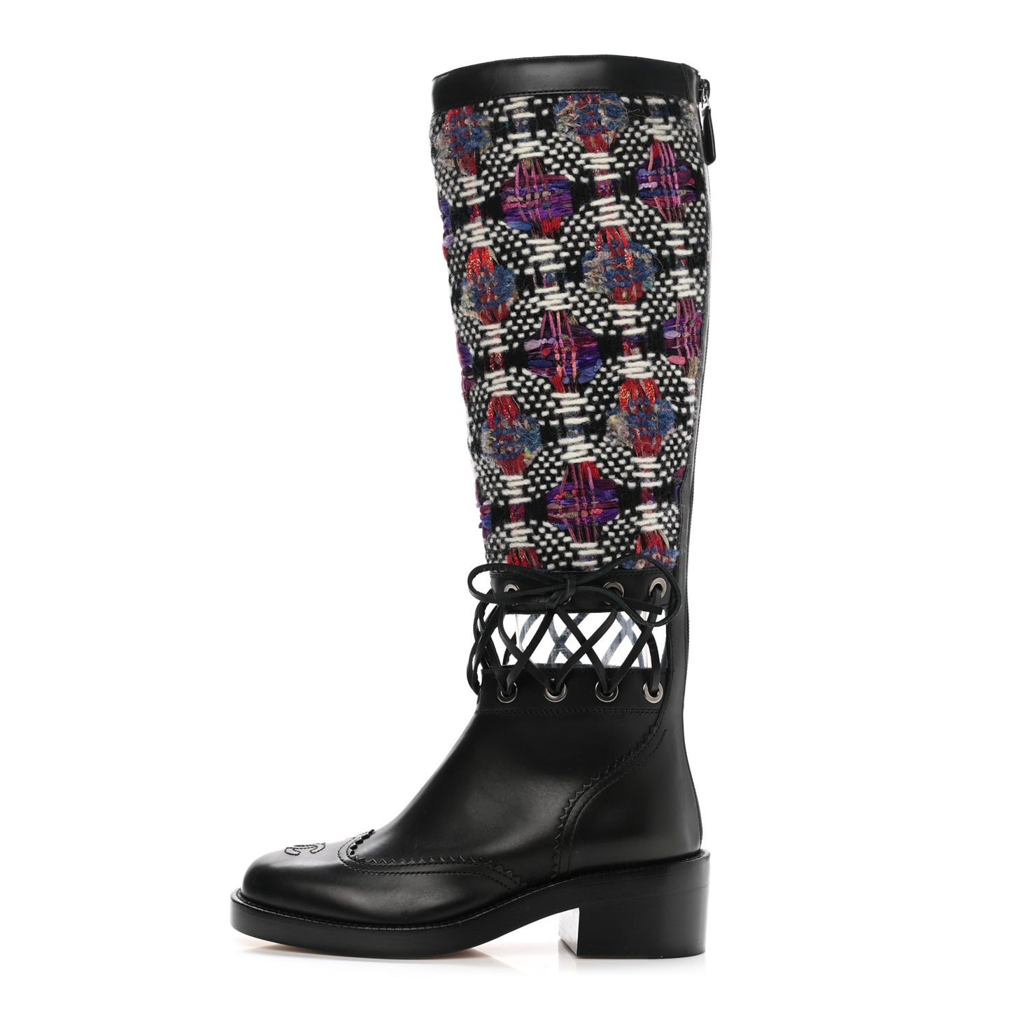 Tweed Calfskin Lace Up Knee Boots 35 Black White Multicolor