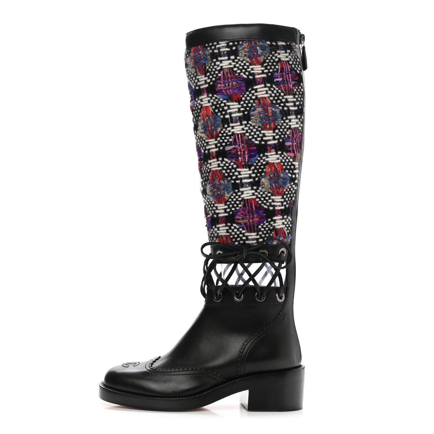 Chanel Tweed Calfskin Lace Up Knee Boots 35 Black White Multicolor 1 of 6