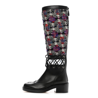 Chanel Tweed Calfskin Lace Up Knee Boots 35 Black White Multicolor 1 of 6