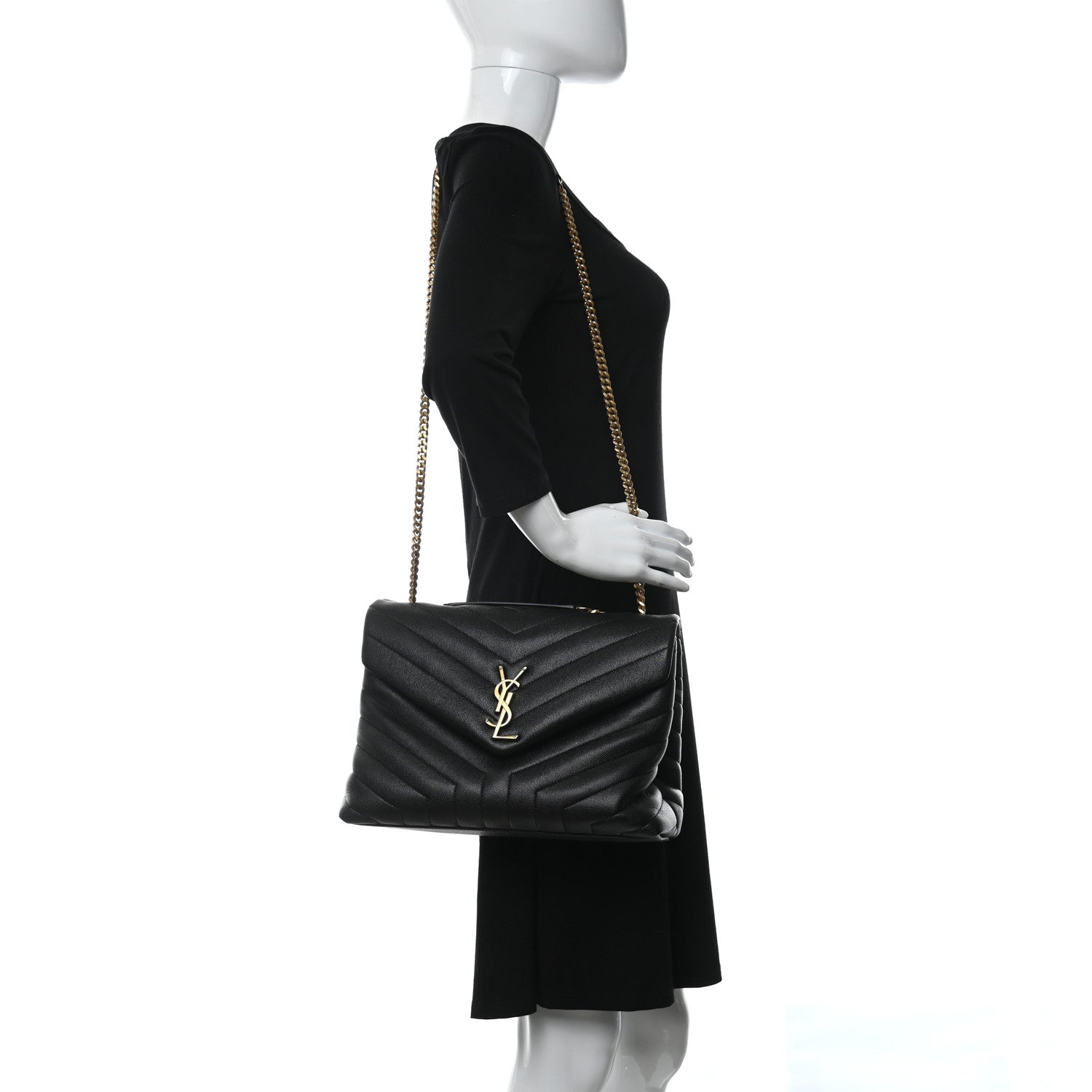 Saint Laurent Grain de Poudre Calfskin Y Quilted Monogram Medium Loulou Chain Satchel Black 2 of 10