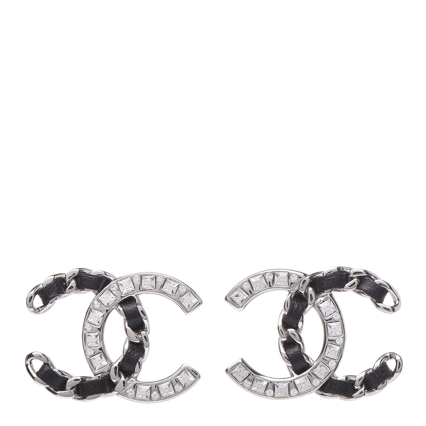 Crystal Baguette Lambskin Large CC Earrings Silver Black