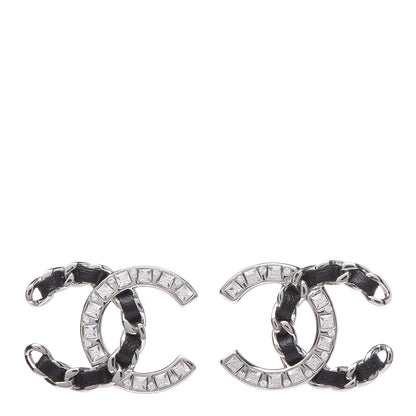 Chanel Crystal Baguette Lambskin Large CC Earrings Silver Black 1 of 5