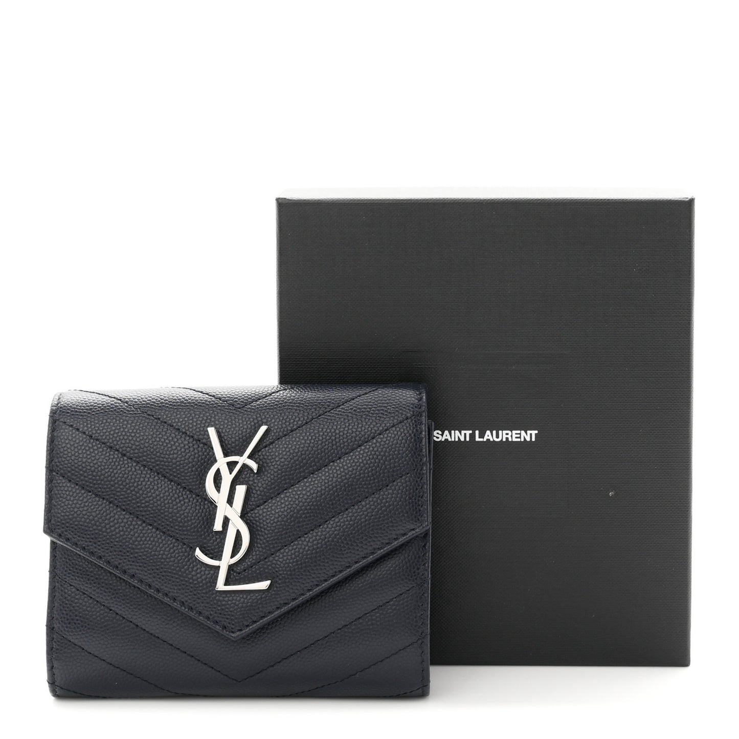 Grain De Poudre Matelasse Chevron Monogram Compact Tri Fold Wallet Deep Marine