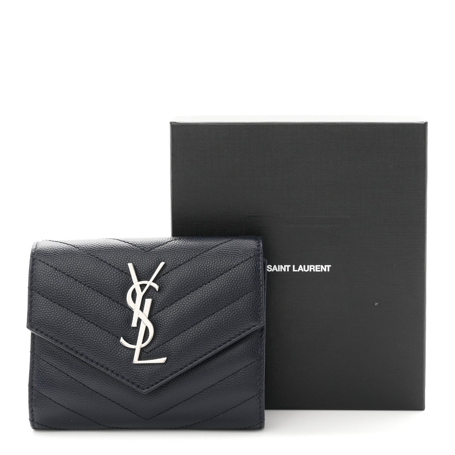 Saint Laurent Grain De Poudre Matelasse Chevron Monogram Compact Tri Fold Wallet Deep Marine 8 of 8