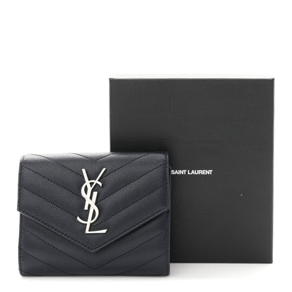 Saint Laurent Grain De Poudre Matelasse Chevron Monogram Compact Tri Fold Wallet Deep Marine 8 of 8