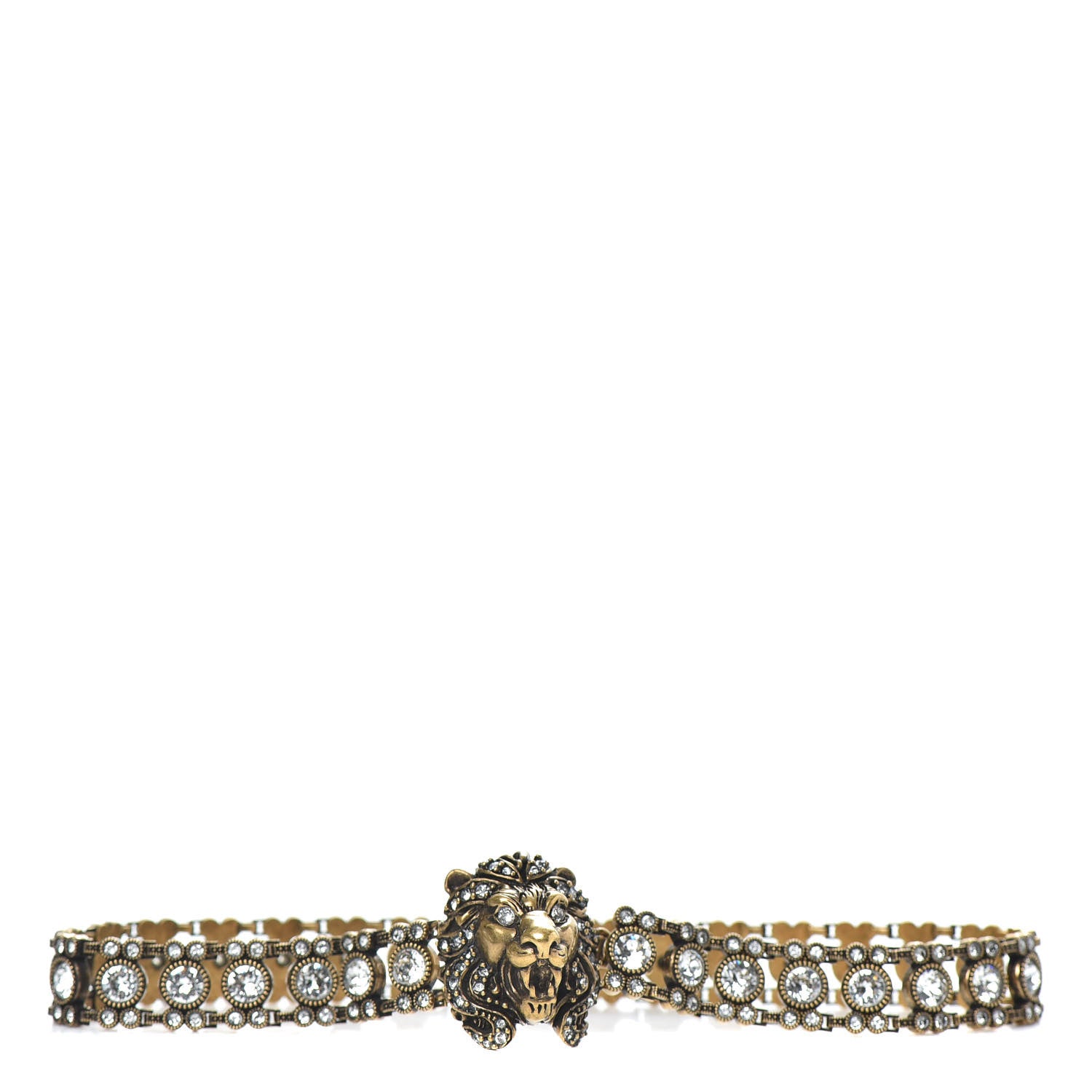 Gucci Metal Crystal Lion Head Choker Necklace Aged Gold 1 of 5