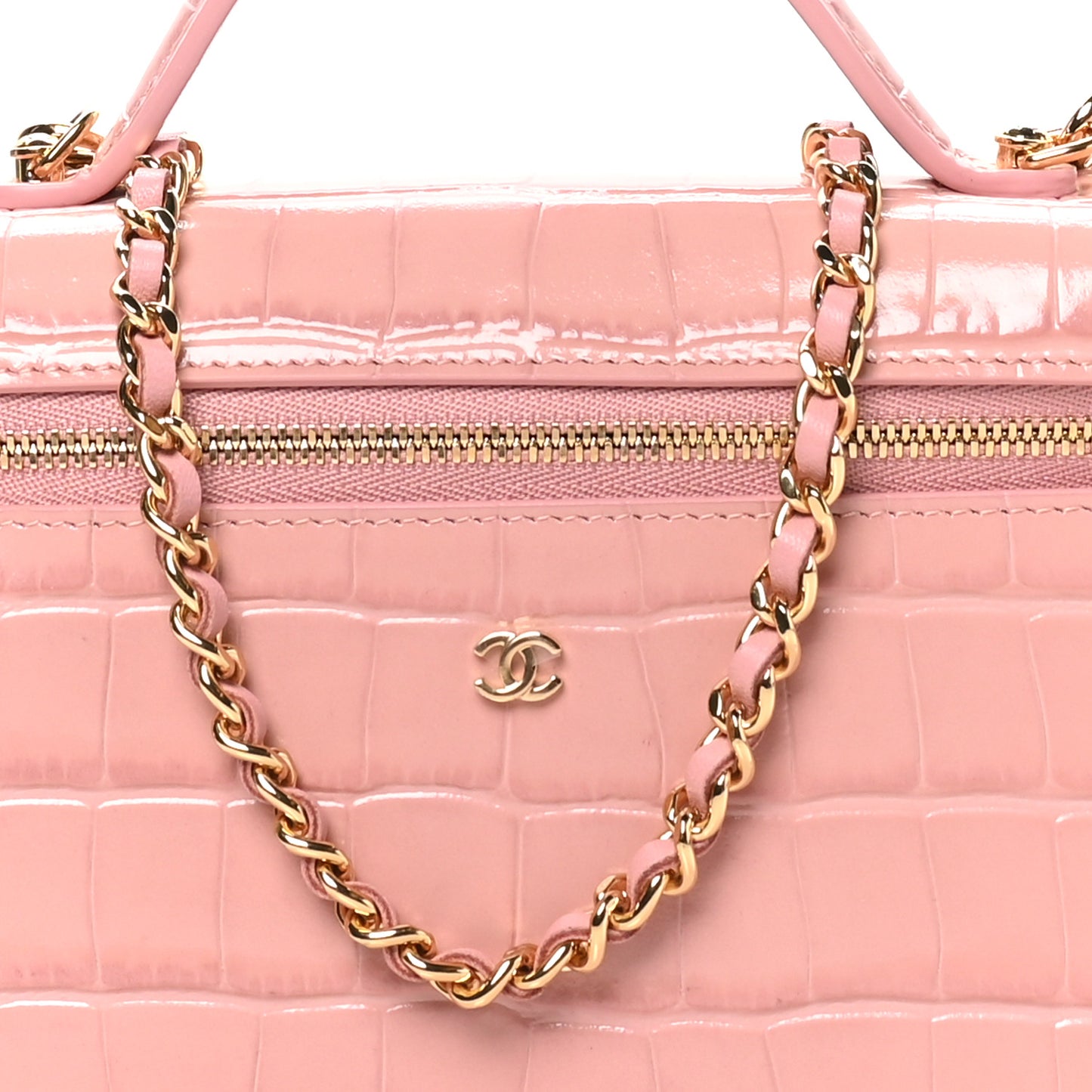 Calfskin Crocodile Embossed Crococo Top Handle Slim Vanity Case With Chain Light Pink