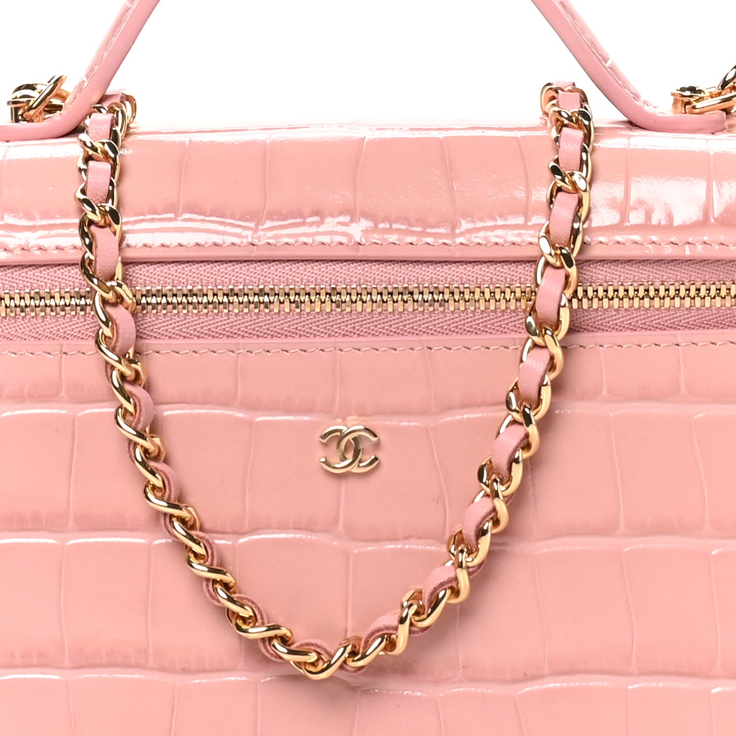 Chanel Calfskin Crocodile Embossed Crococo Top Handle Slim Vanity Case With Chain Light Pink 8 of 11