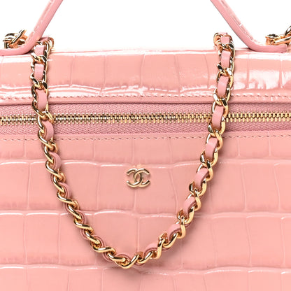 Chanel Calfskin Crocodile Embossed Crococo Top Handle Slim Vanity Case With Chain Light Pink 8 of 11